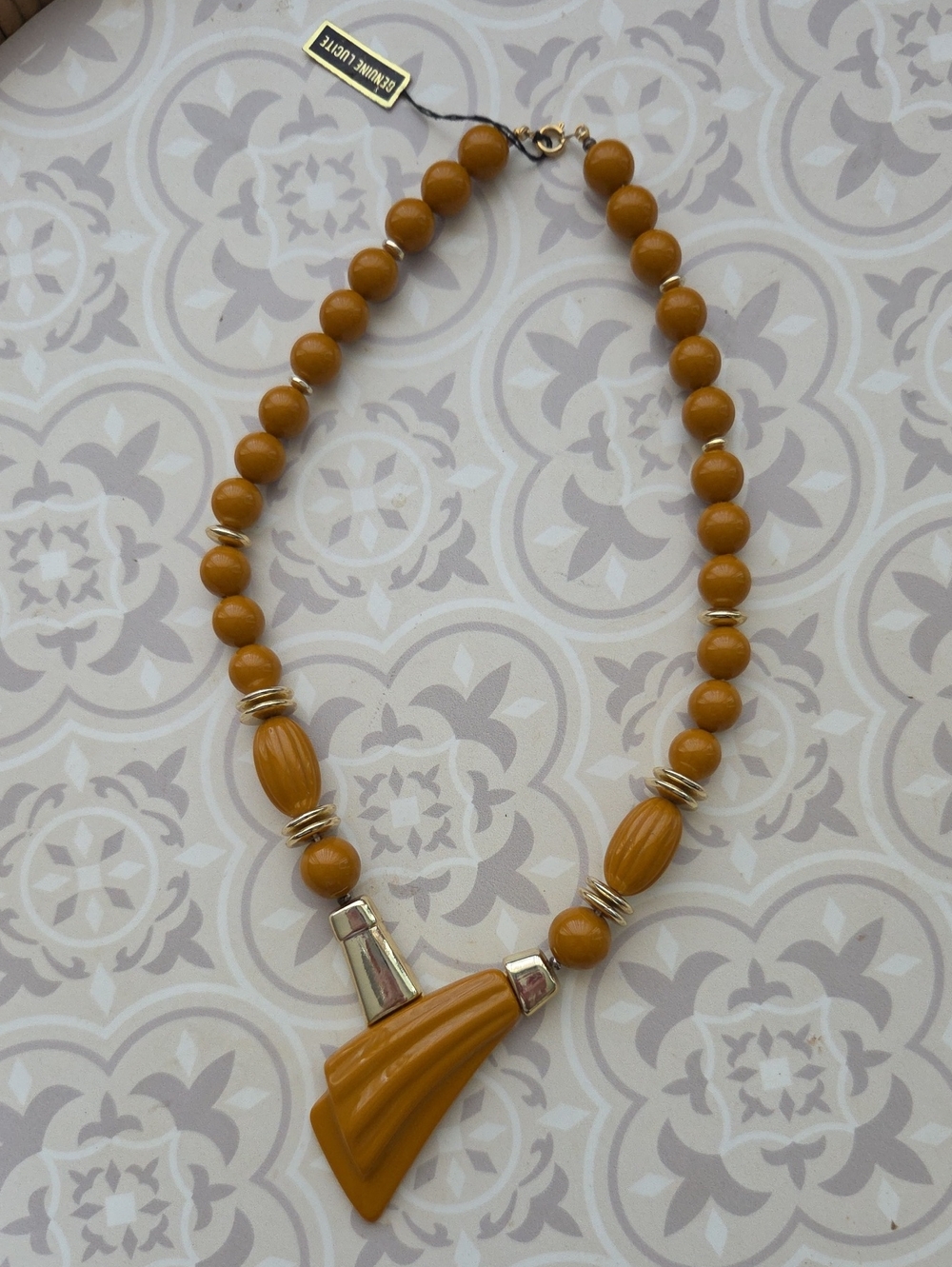 Vintage Genuine Lucite Beaded Statement Butterscotch Tan Necklace New Old Stock